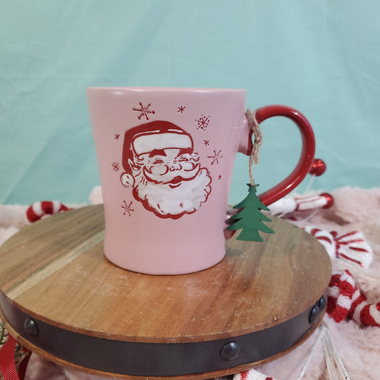 Pink Vintage Retro Santa Ceramic Coffee Mug with Green Christmas Tree Ornament