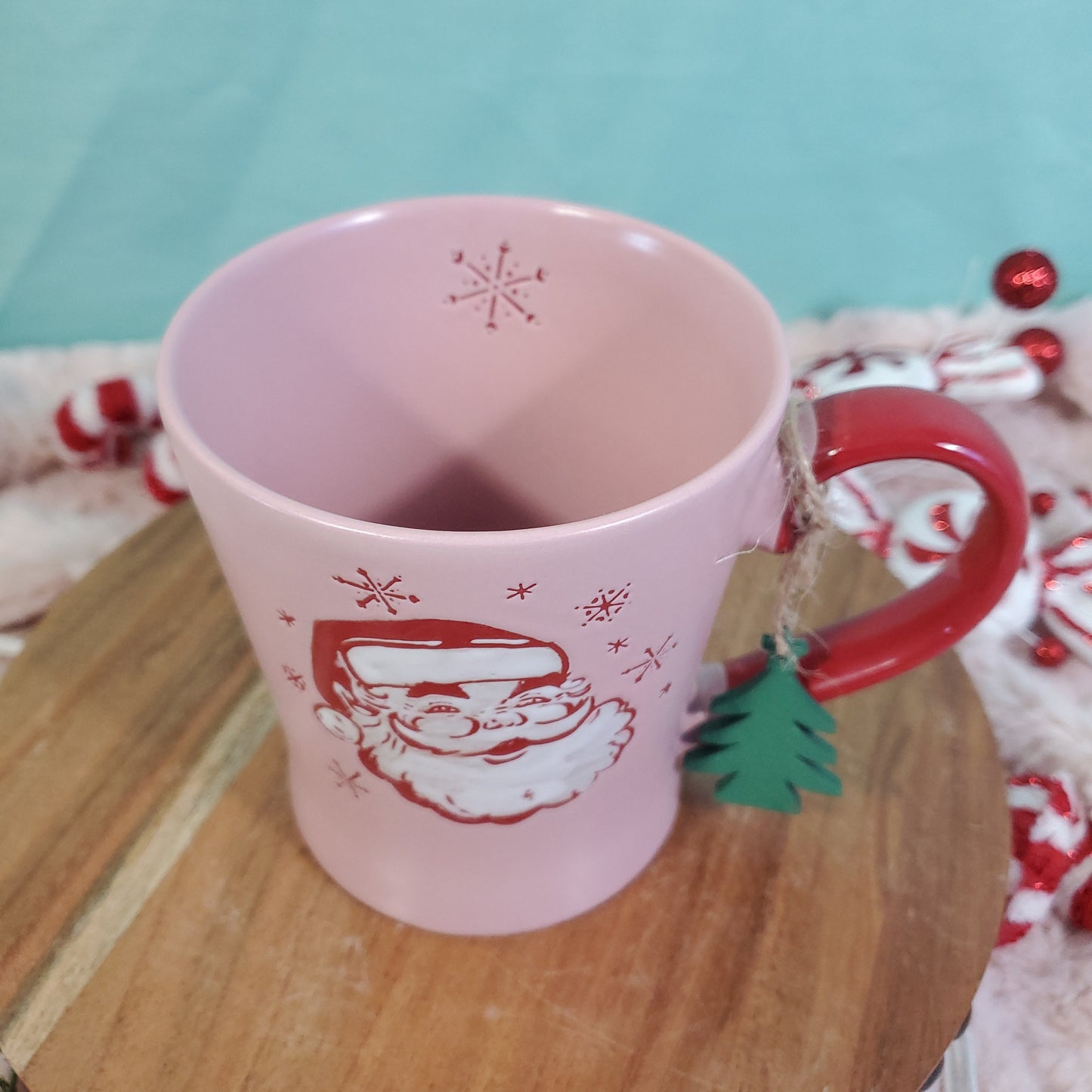 Pink Vintage Retro Santa Ceramic Coffee Mug with Green Christmas Tree Ornament