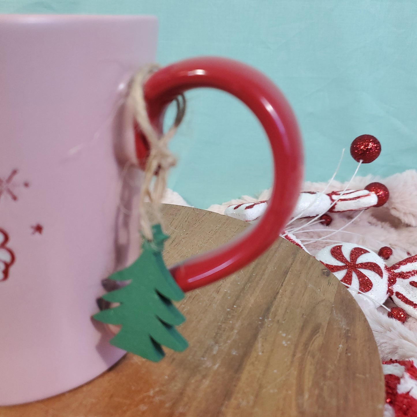 Pink Vintage Retro Santa Ceramic Coffee Mug with Green Christmas Tree Ornament