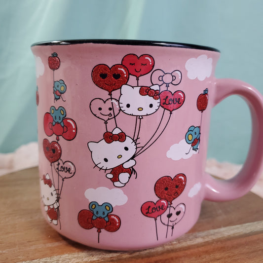 Hello Kitty Pink Valentine's Day Glitter Heart Balloon Campfire Style Mug - 20oz