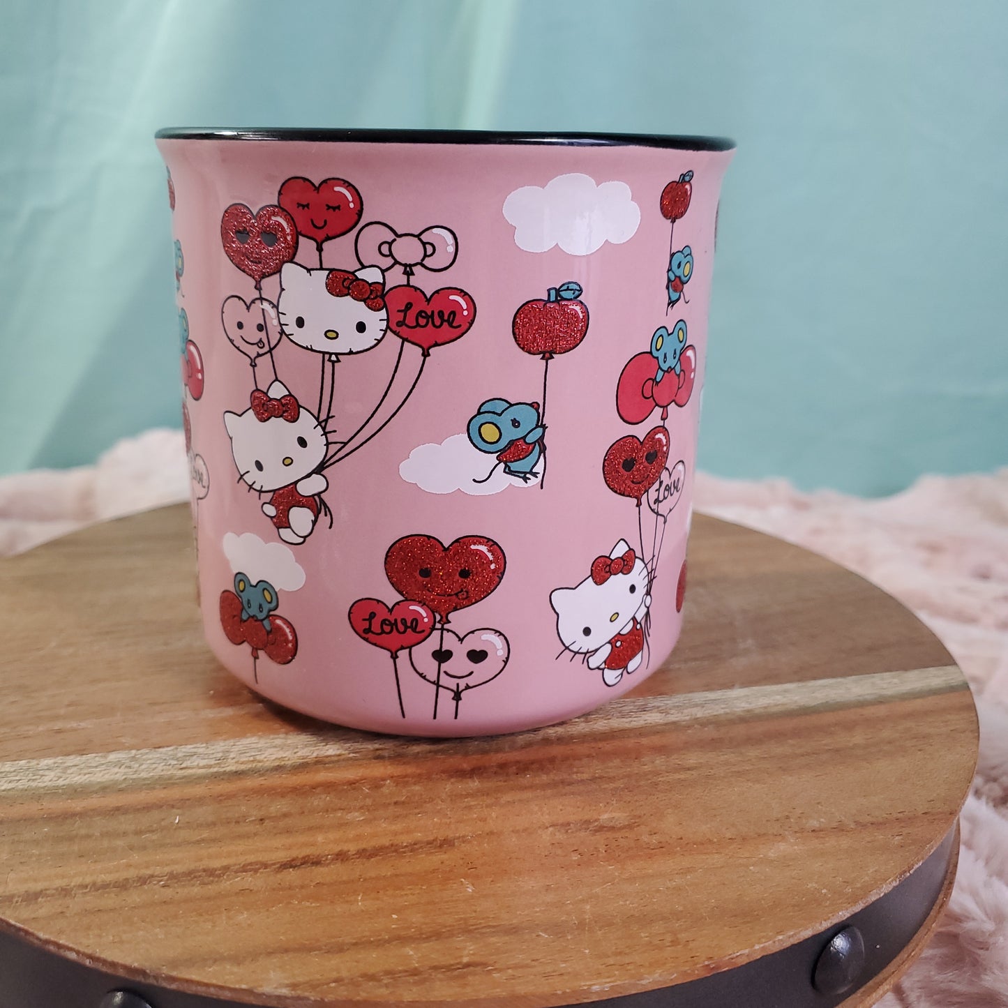 Hello Kitty Pink Valentine's Day Glitter Heart Balloon Campfire Style Mug - 20oz