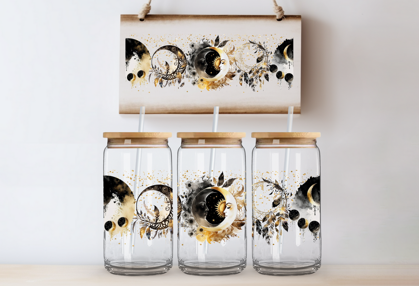 16 oz Celestial Beer Can Glass - Black and Gold Moon Phases Design