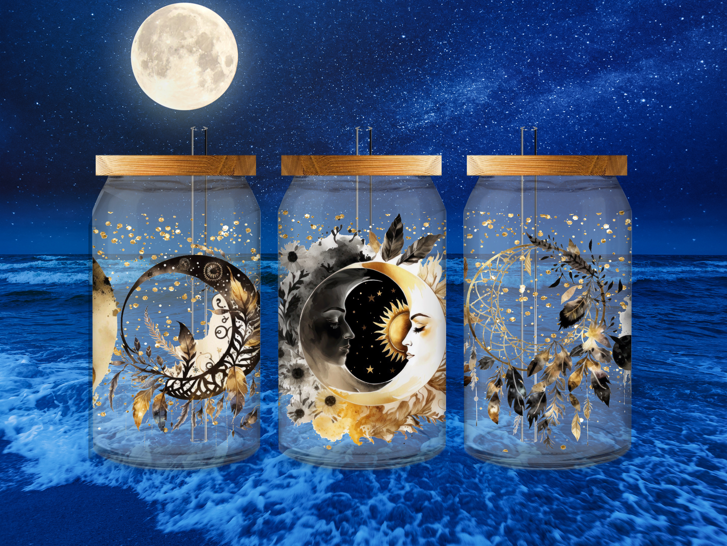 16 oz Celestial Beer Can Glass - Black and Gold Moon Phases Design