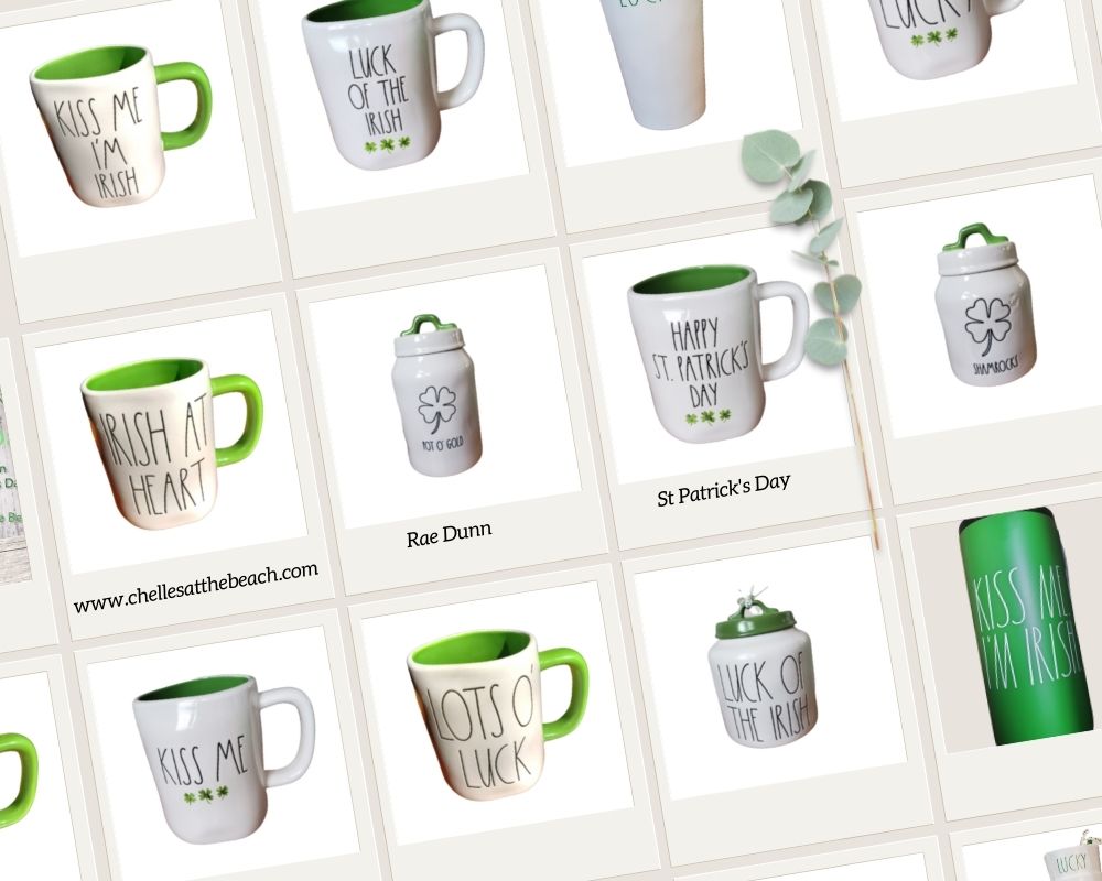 Rae Dunn St Patricks Day mugs, canisters, slim can coolers, melamine cups, home and kitchen decor