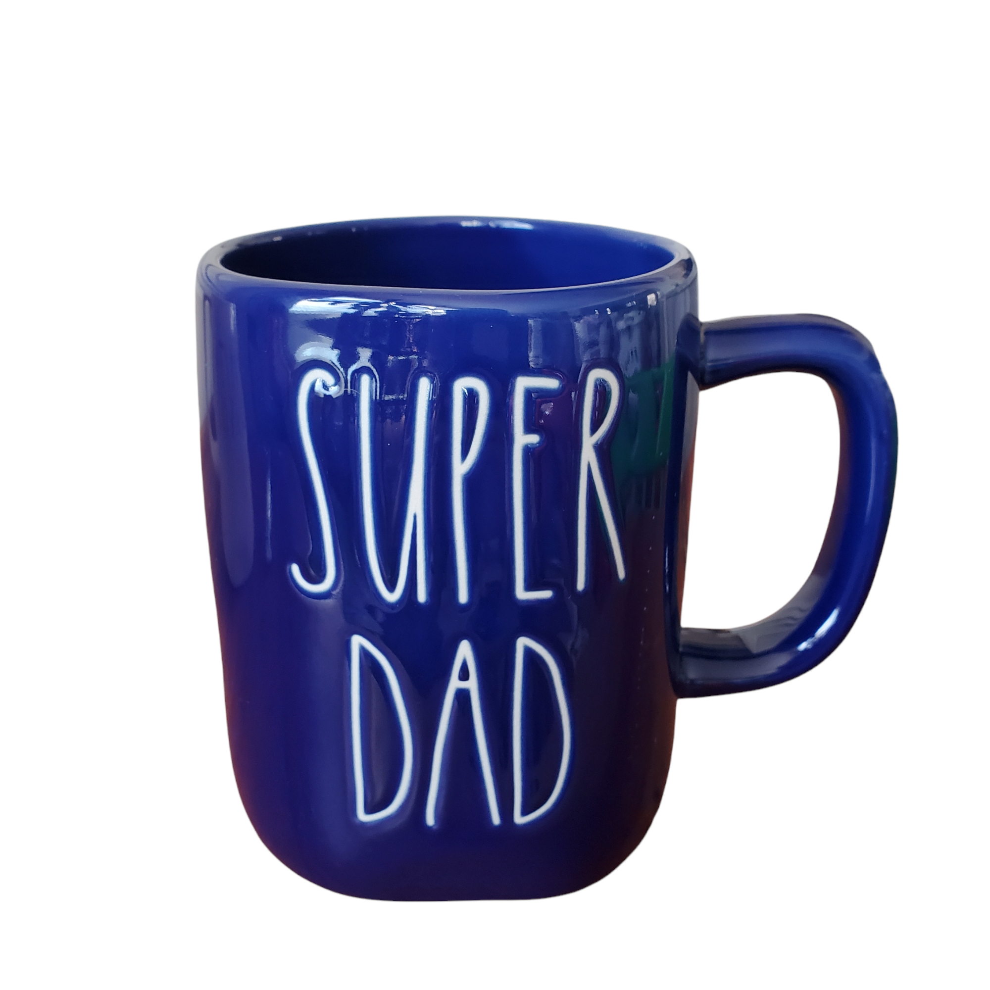 rae dunn super dad mug. glossy cobalt blue mug with white engraved lettering