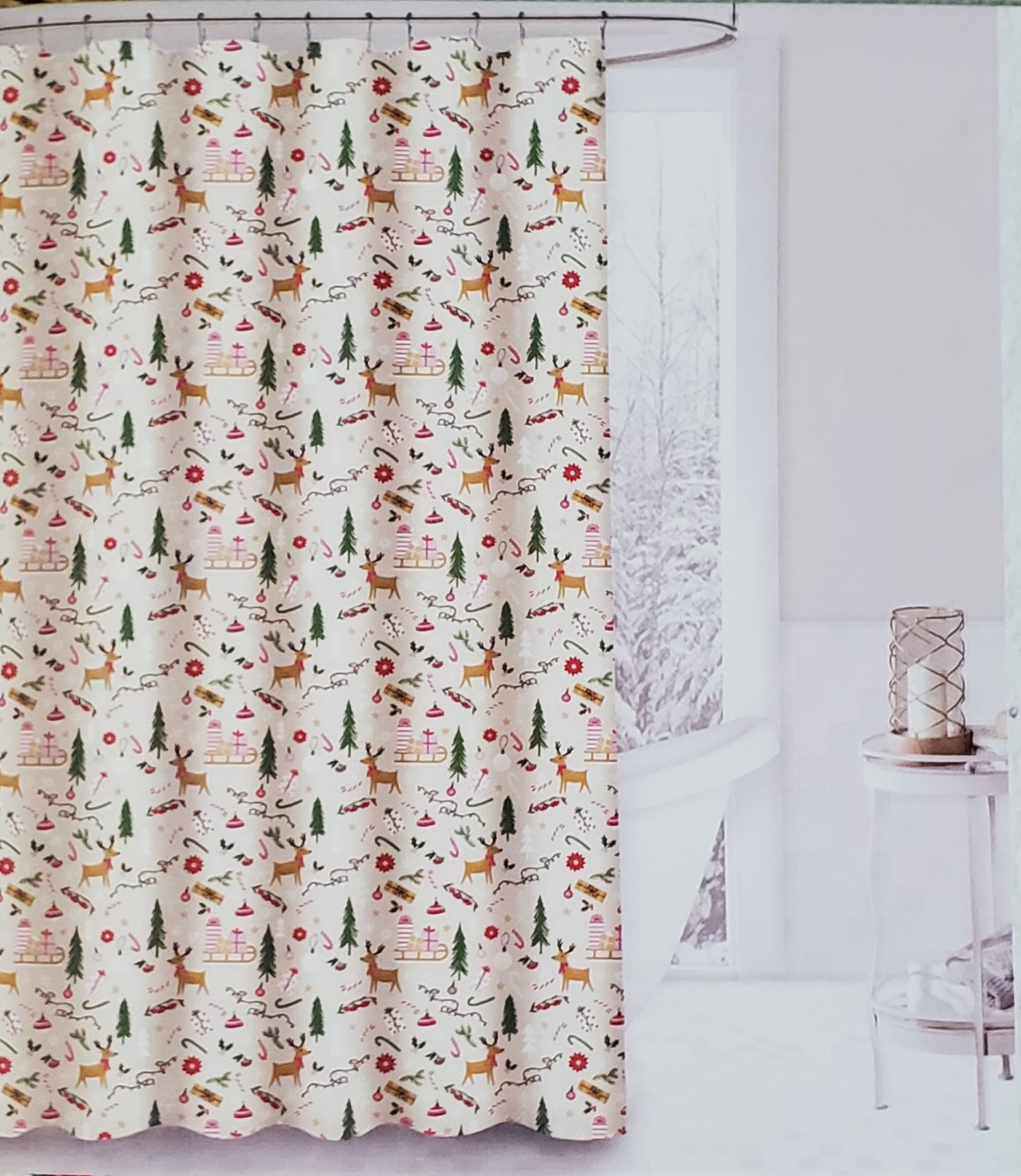 Holiday Twilight Town Reindeer and Pink Peppermint 72"x 72" Cotton Shower Curtain