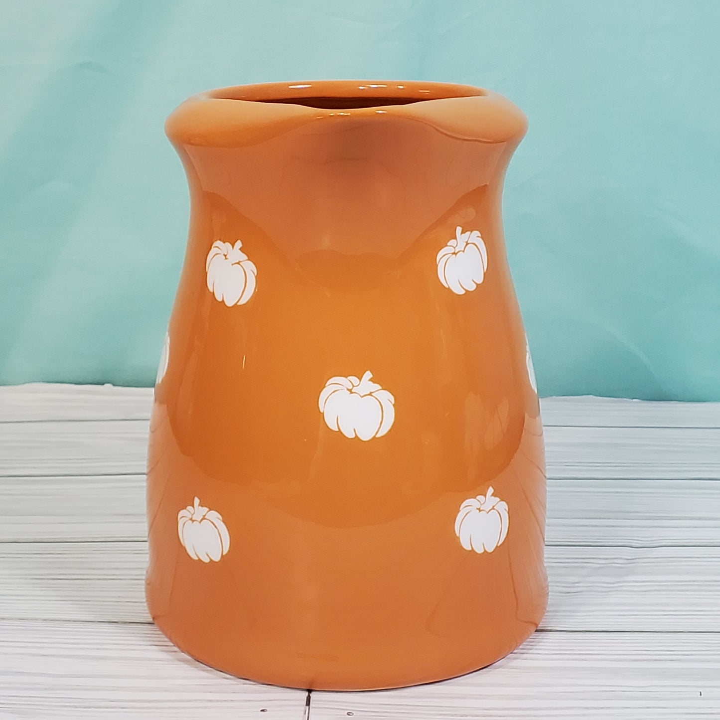 Terramotto Ceramic 40 oz Dark Orange Fall Pitcher with White Pumpkin Motif