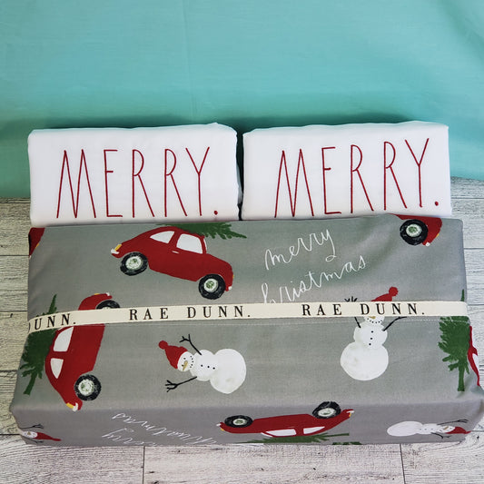 Rae Dunn Christmas Sheets - MERRY, Grey with Red Cars and Snowmen