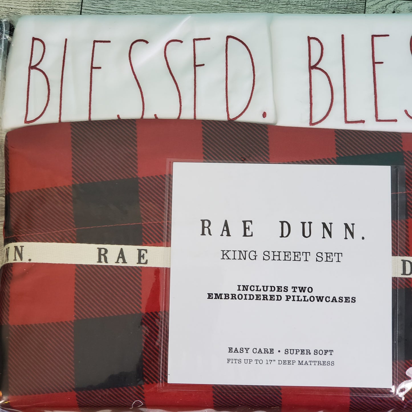 Rae Dunn Christmas Sheet Set - Red Buffalo Check, BLESSED Embroidery